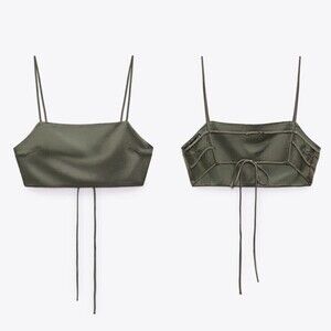 NEW Zara Satin Square Neck Strappy Back Crop Top in Olive Green Womens Small